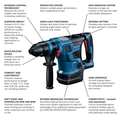 BOSCH GBH18V-34CQN PROFACTOR™ 18V Connected-Ready SDS-plus® Bulldog™ 1-1/4 In. Rotary Hammer (Bare Tool)