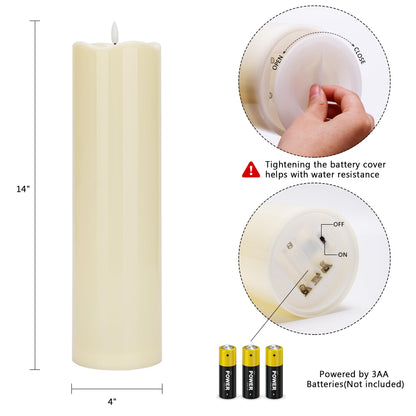 AFINETH 4" x14" Outdoor Candles with Timer Waterproof Large Flickering Flameless Candles with Remote Plastic Tall Pillar Candles for Indoor Outdoor Use, Ivory 1Pack