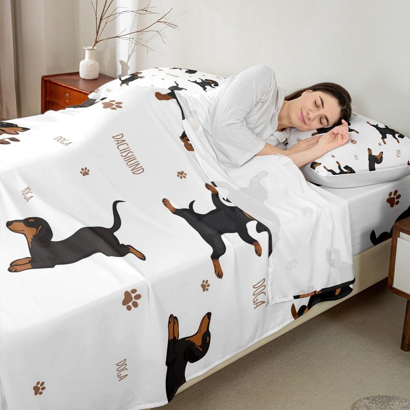 Feelyou Sausage Dog Bed Sheets Set Boys Dachshund Sheet Set for Kids Ultra Soft Puppy Dog Sheets with Deep Pocket Fitted Sheet Kawaii Pet Brown Bedding Set Room Decor Queen