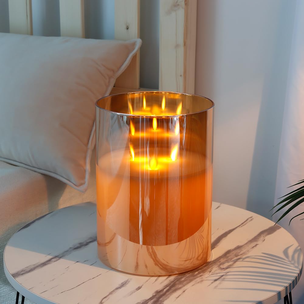 JHY DESIGN Large 3-Wick Glass Flameless Candles 8''H Battery Operated Dancing Flame Flickering LED Pillar Candles with 6-Hour Timer Real Wax Candles for Home Wedding Party Festival（Gold）