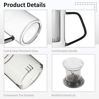OMISTAR Tea Infuser Mug with Lid, 350 ml Glass Tea Cup with Infuser, Cold & Heat Resistant Glass Tea Cup with Handle, for Personal Tea Brewing at Office or Home