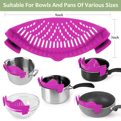 YEVIOR Clip on Strainer for All Pots Pan,Silicone Pasta Strainer Kitchen Gadgets,Collapsible Colander for Noodle,Vegetables,Fruit,Spaghetti (Grey)
