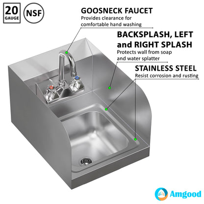AmGood Stainless Steel Wall Mount Hand Sink | NSF | Commercial Hand Washing Basin For Restaurant, Kitchen and Home (12" x 16" with Sidesplash)