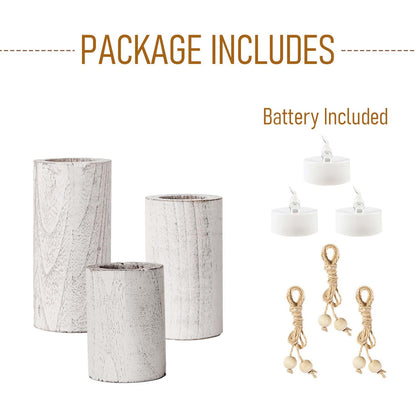 MelonBoat White Pillar Candle Holder:Farmhouse Candle Holders with Battery Operated Candles, Farmhouse Decor with Flameless LED Candles, Wood Centerpieces for Table 3-Pack for Holiday Party Home Decor