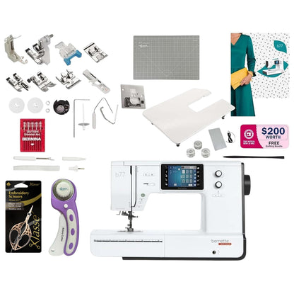 Bernette B77 Computerized Sewing Machine | Heavy Duty, Quilting & Embroidery Kit with Extension Table, Presser Feet, Bobbins, Thread Spools, Needles, Rotary Cutter, LCD Display & $200 Bonus Bundle