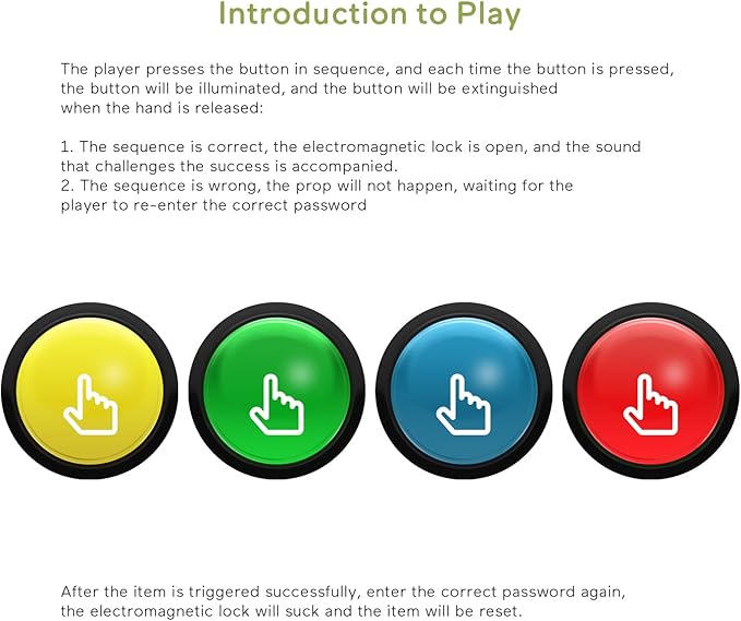 Escape Room Props 5 Colors Buttons Mechanism Press It In Order To Control 12V Magnet Lock For Exit Game Owner Player Adventurer (10 Buttons No Audio)