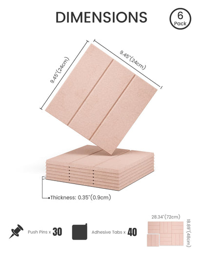 Felt Bulletin Board Tiles -28"x18" with 40 Adhesive Tabs, Cork Board Alternative for Office Decor, Push Pin Board Wall Organizer 6-Pack(Pink)
