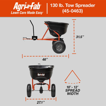 Agri-Fab Pull Behind Broadcast Spreader for Seed, Fertilizer, Salt and Ice Melt, 130 lb Hopper Capacity with Universal Hitch and 12 Ft Spread Width