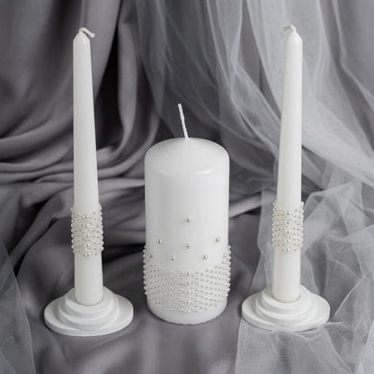Magik Life Unity Candle Set - Wedding Ceremony & Reception Candle– 6” Pillar & Two 10” Taper Candles – Long Burning Unity Candles for Marriage Ritual – Handmade in USA – White |Pearls| Luxury
