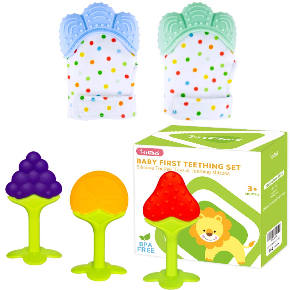 Teething Mittens for Baby (2 Pack) with Baby Teething Toys (3 Pack), Self Soothing Pain Relief Mitt, Silicone Teethers, BPA-Free, Natural Organic Freezer Safe for Infants and Toddlers