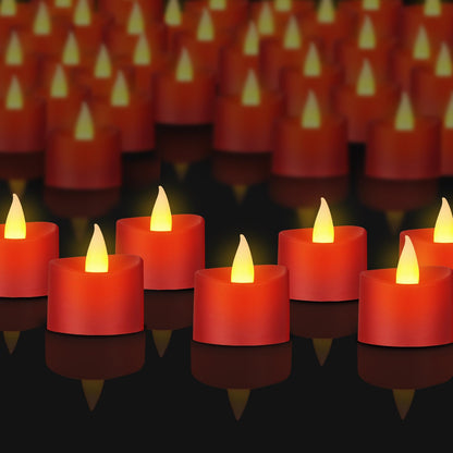 Haown 50 Pack Realistic Flameless LED Tea Lights with Red Base, Battery Operated Fake Candles with Flickering Moving Flame, Electric Votives for Valentine's Day, Wedding, Christmas, Romantic Decor
