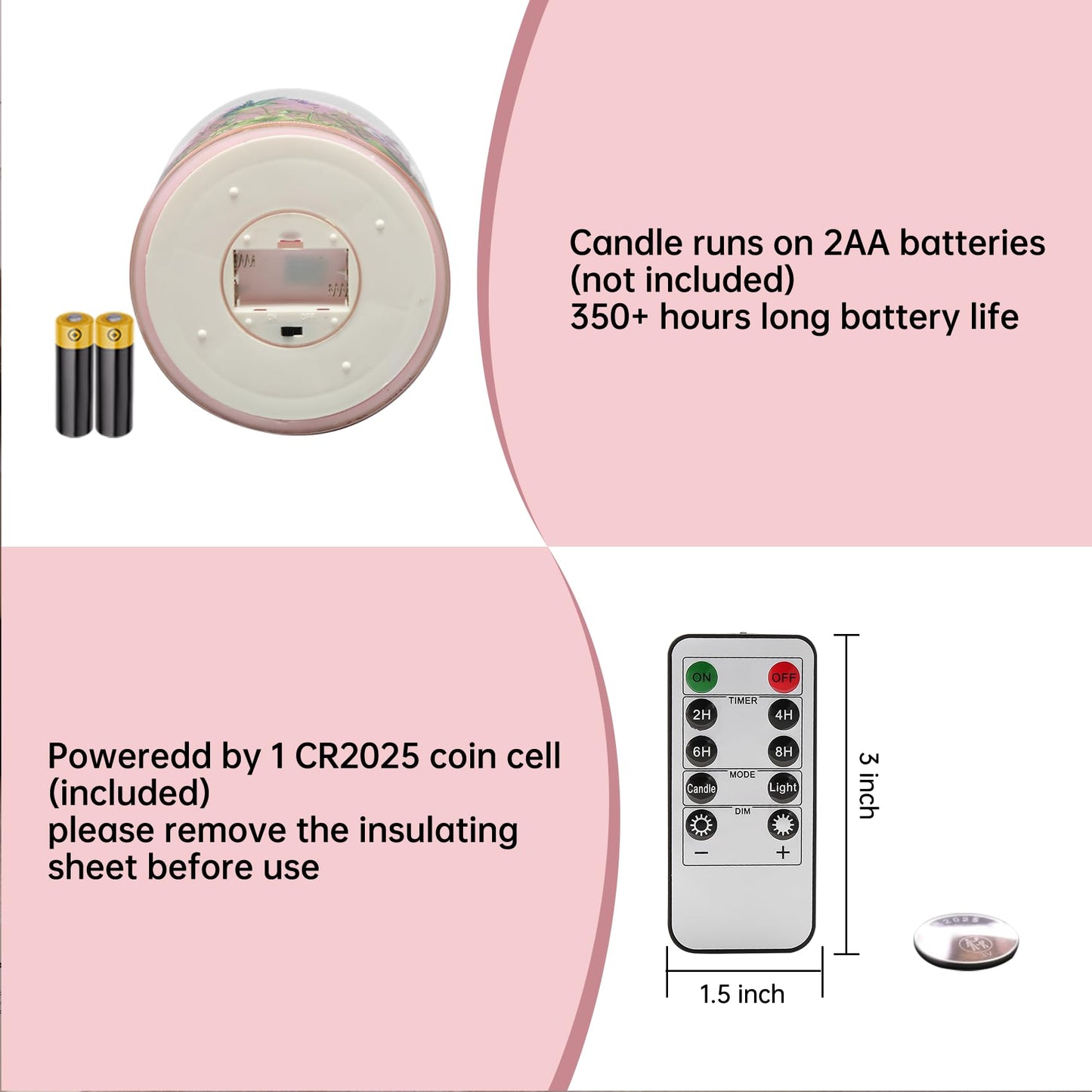 Girimax 3 Wick Pink Hummingbird Glass Flameless Candle with Remote, Large 6x6 inch LED Pillar Candle Battery Operated Flickering Spring Home Decor Gift