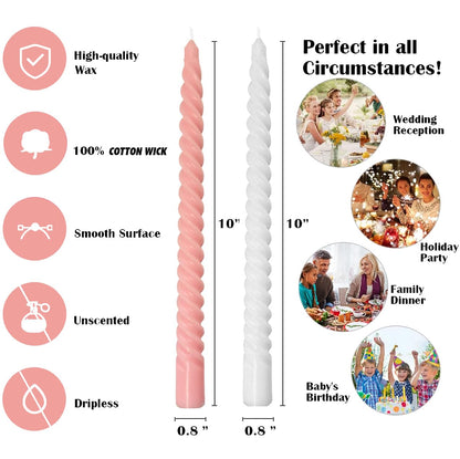 10 Inch 3 Pink and 3 White Spiral Taper Candle Set, Unscented Dripless Candlesticks for Wedding, Holiday Décor, and Festive Dinners