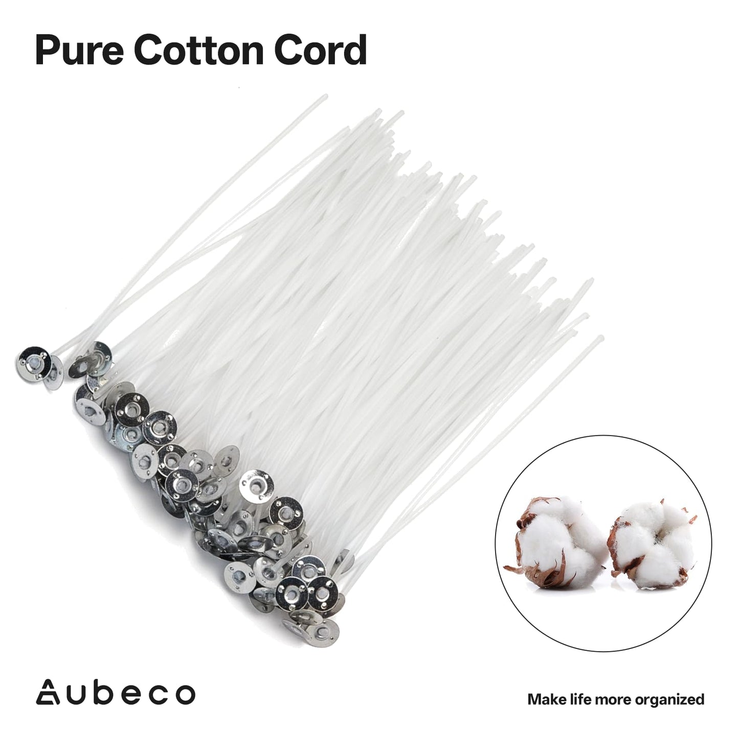 Aubeco 320Pcs 4/6/8 inch Pre Waxed Candle Wick with 320Pcs Wick Stickers and 10Pcs Candle Wick Holders, Bulk Cotton Candle Wicks for Candle Making, Soy Wax