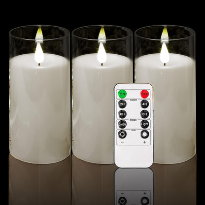 NICEME Flickering Flameless Candles with Remote Control Timer Unbreakable Acrylic Battery Operated LED Candles with Flickering Flame 3D Wick for Romantic Ambience Home Decor Set of 3, D3” xH6”