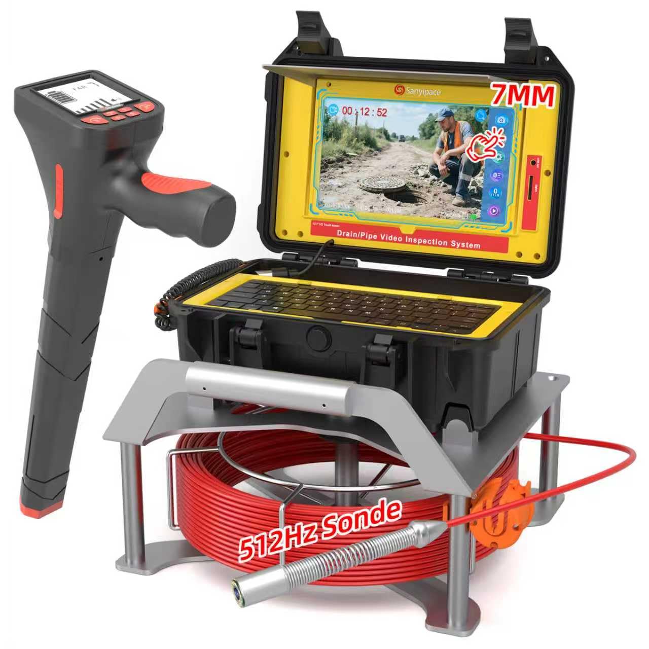 Sanyipace Drain Camera with Locator, Self-Leveling Sewer Camera 100FT/30M, 7MM Cable Pipe Camera with 512Hz Sonde, Distance Counter, Touch Control, Wireless Keyboard, for Plumbing Inspection