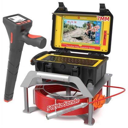 Sanyipace Drain Camera with Locator, Self-Leveling Sewer Camera 100FT/30M, 7MM Cable Pipe Camera with 512Hz Sonde, Distance Counter, Touch Control, Wireless Keyboard, for Plumbing Inspection