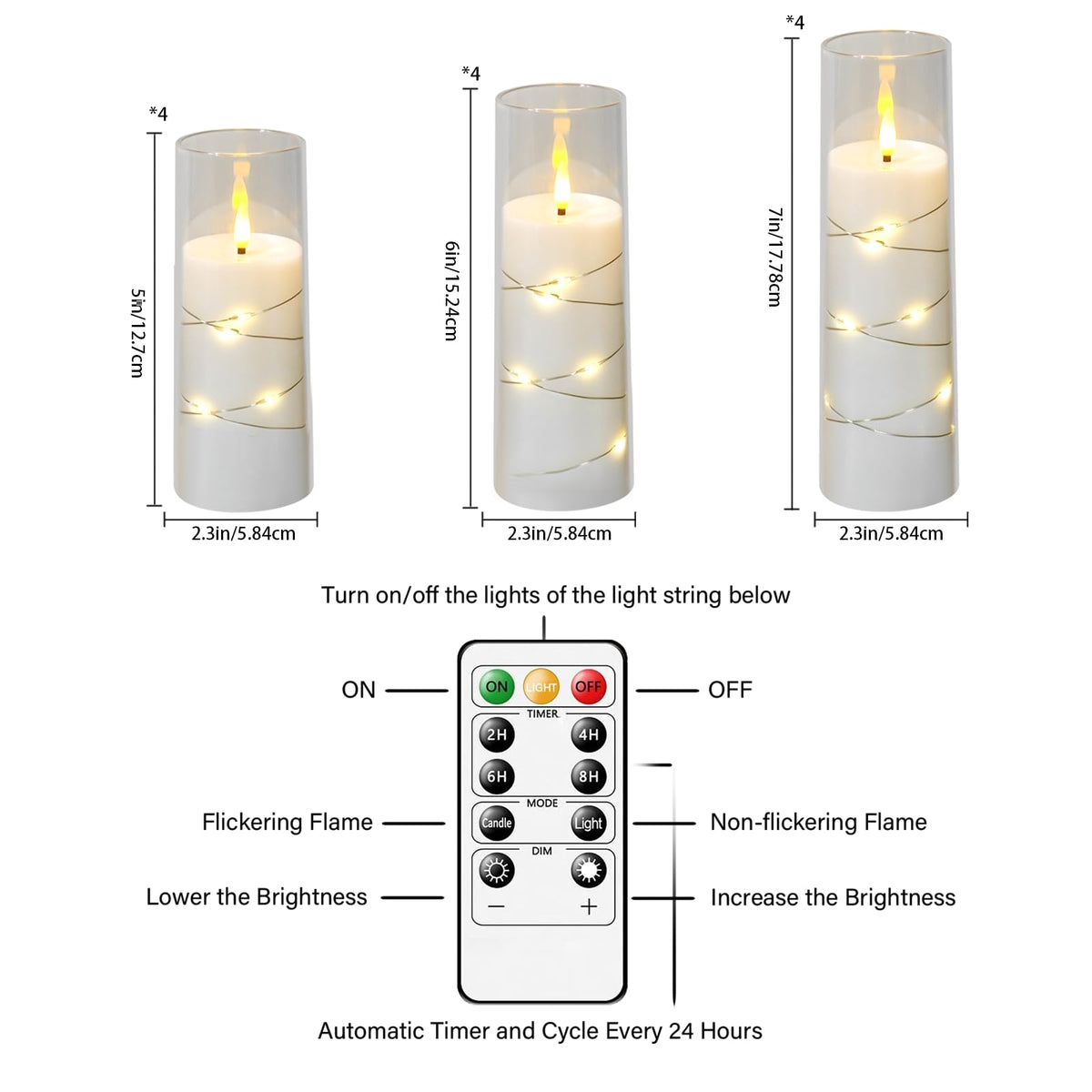 Sasigeiaa Flameless Candles with Embedded Star String - Battery Operated LED Candles, with Remote,12 White Flickering Candles for Christmas, Weddings, Home Decor & Party,(D 2.3"×H 5" 6" 7")