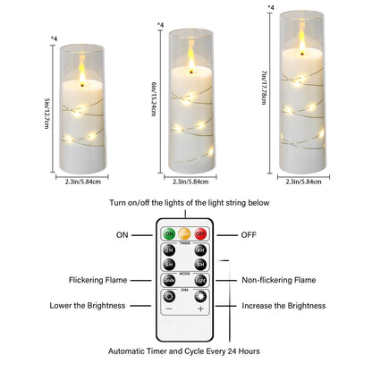 Sasigeiaa Flameless Candles with Embedded Star String - Battery Operated LED Candles, with Remote,12 White Flickering Candles for Christmas, Weddings, Home Decor & Party,(D 2.3"×H 5" 6" 7")