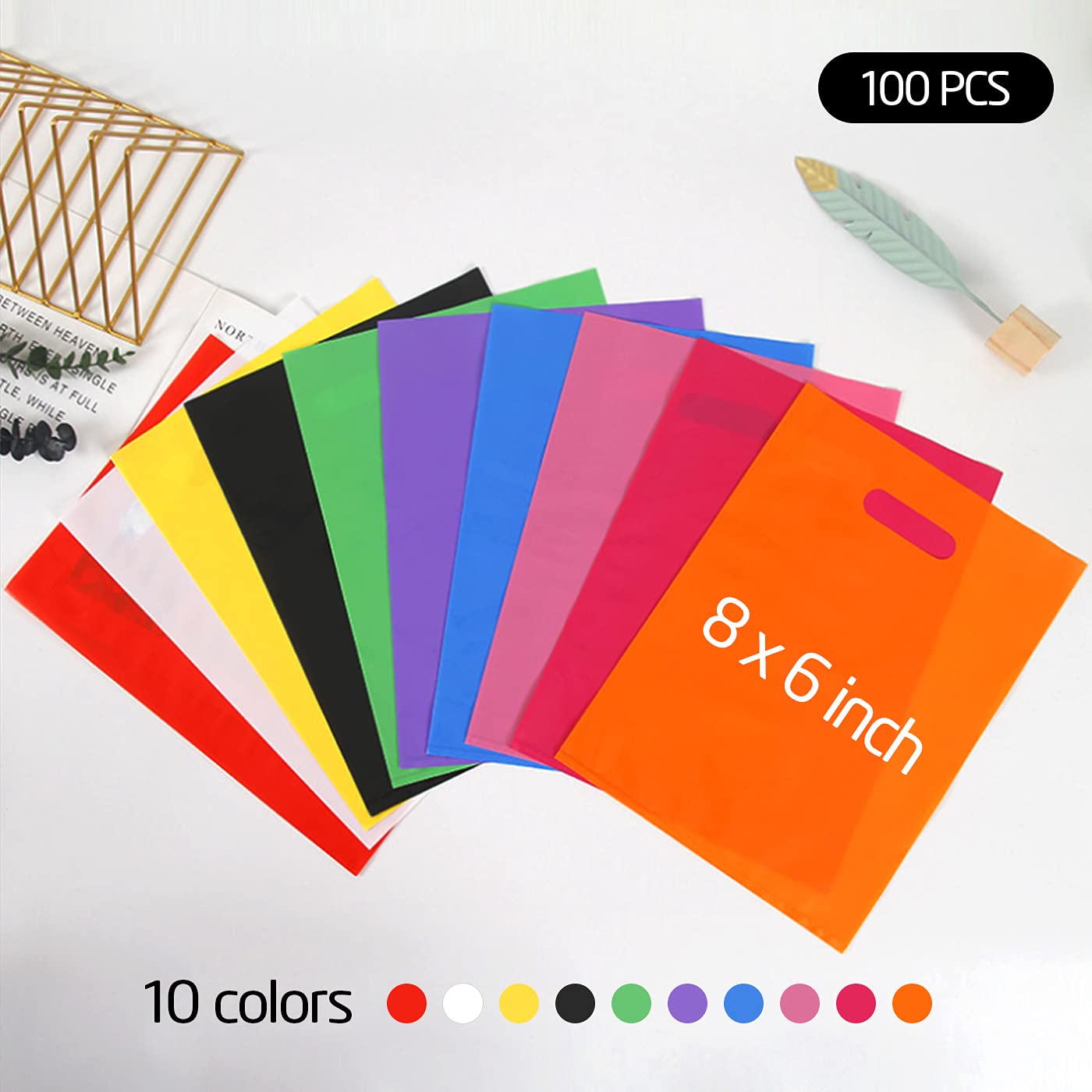 VieFantaisie Plastic Party Favor Small Gift Bags, 100 PCS 6" x 8" Goodie Bags for Kids, Candy Treat Pouches Bulk with Handle for Kids' Birthday Party, Thanksgiving, Christmas, Halloween, 10 Colors