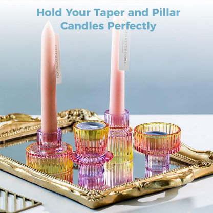 Set of 3 Colorful Glass Candlestick Holders for Taper, Tealight, and Pillar Candles – Perfect for Weddings, Parties, and Festivals