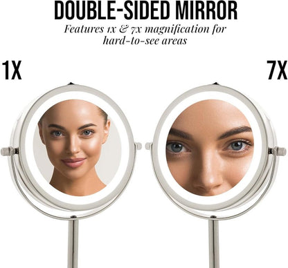 OVENTE 6" Lighted Makeup Mirror with 1X/7X Magnification, Cordless Tabletop Mount Vanity Round Mirror with 360° Swivel Design and Double Sided Cool Tone LED Ring Light, Nickel Brushed MLT60BR1X7X