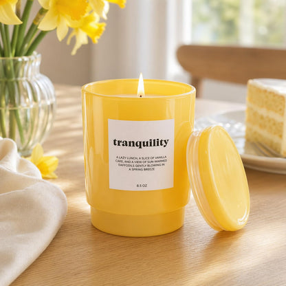 AromaLight 8.5oz with Lid Glass Jar Candle in Yellow – Tonka Bean & Amber Scent, Tranquility Collection, Soy Wax Mini Jar