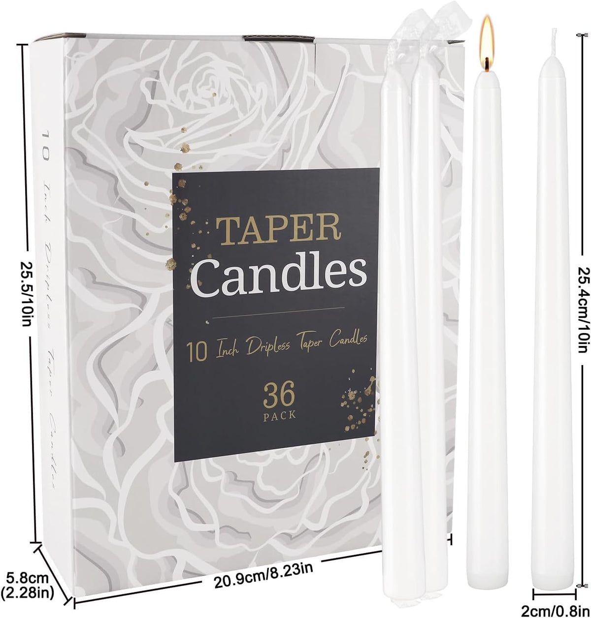 YOROXRG 36 Pack White Taper Candles, 7-8 Hours Burn Time, Unscented, Smokeless and Dripless, 0.8 x 10 Inch Dinner Candle Set for Household, Wedding, Party and Home Décor Candlesticks