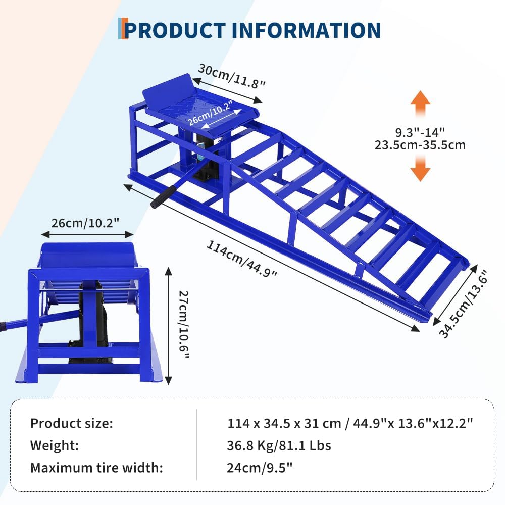 5 Ton Hydraulic Car Ramps, 2 Pack Heavy Duty Adjustable Lift Ramps with Safety Lock, Low Profile Steel Service Ramp, 11000 Lbs Capacity, 11.6"–16.2" Height for Car, Truck, SUV, Garage - Blue