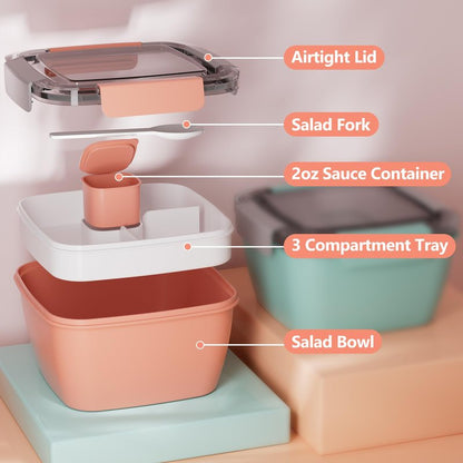 Cherrysea Salad Lunch Container, 68oz Salad Bowls with 4 Compartments Tray,Leak Proof Lunch Box with Fork for Men,Women BPA-Free Snack Container with Sauce Container for Dressings-Blue