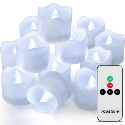Topstone Flameless Electronic Candle Lights with Remote Control, 400 Hour Battery Life, Cold White LED Realistic Flickering Candles for Home Decor, Wedding, Christmas, Votive, Jar, Centerpiece
