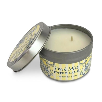 Greenwich Bay Hand-Poured Scented Candle in Decorative Tin – 4 oz/114 g Travel Candle with Lead-Free Wick, Vegetable Wax, Long-Burning Aromatherapy Gift, Single Wick – Made in USA (Fresh Milk)
