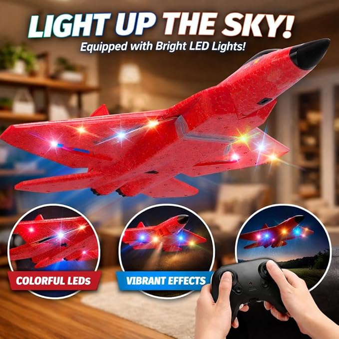 Remote Control Plane F-22 Raptor 2.4GHz Durable Foam Rc Airplane with Smart Gyro/LED Lights/3 Rechargeable Batteries RC Jet Glider Toy Gift for Kids Boys Girls 8-16 Year Old (Red)