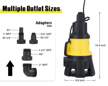 6699 Sewage Water Pump 7000GPH with Float Switch 1.5HP Submersible Sump Pump with 16FT Power Cord for Pool Draining, Flooded House, Sump Pit, Pond Water Removal