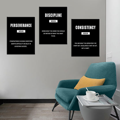 PSYYSP 3 Piece Canvas Wall Art Perseverance Discipline Consistency Posters, Black White Motivational Triptych Wall Decor for Office, Bedroom, Dorm, Framed Canvas 36x16inch