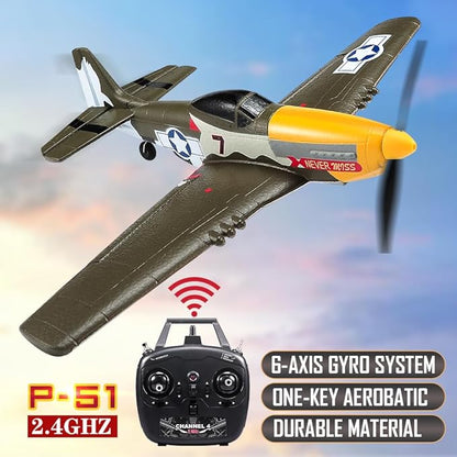 P51 RC Plane for Adults Kids 4 Channel Remote Control Airplane with Aileron/Rudder/Elevator/Gyro Aerobatic Mustang Fighter Glider with 3 Modes Stabilization System Easy Learning to Fly