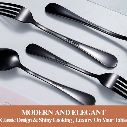 Lazycorner 50 Pcs Black Silverware Set for 10, Mirror Polished Flatware Set Stainless Steel Fork Knife Spoon, Food Grade Eating Utensils Sets, Reusable Silverwear Cutlery Set, Dishwasher Safe