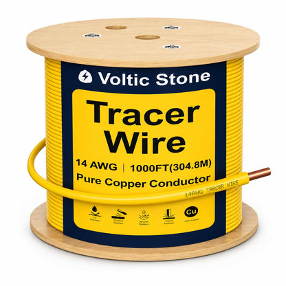 Voltic Stone 14 AWG Yellow Gas Line Tracer Wire, True Gauge 100% Solid Copper Direct Burial Underground Locating Cable, 30/600V Rated, HDPE Jacket, Corrosion-Resistant for Natural Gas & Propane