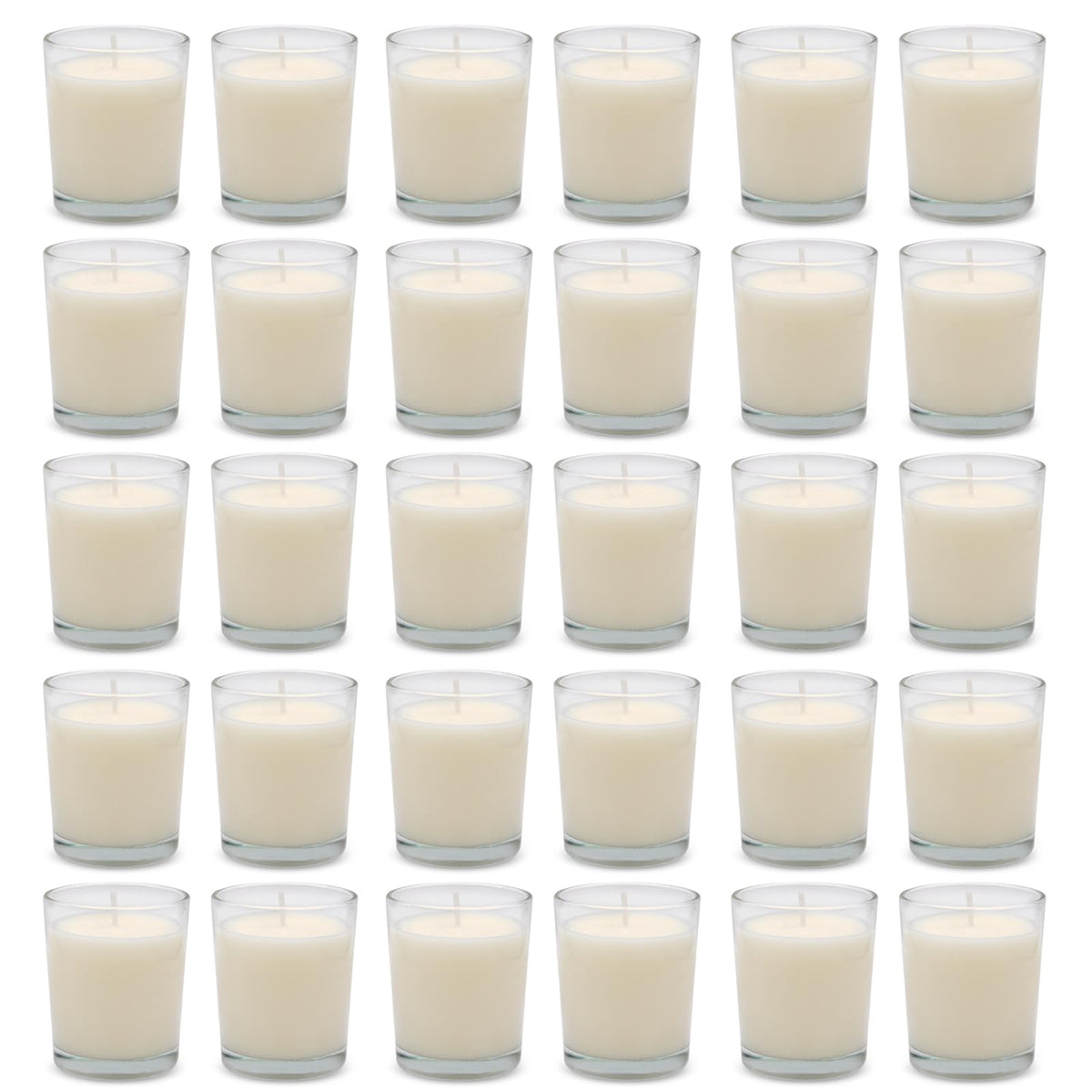 Set of 30 White Votive Candles Clear Glass Filled Unscented Soy Wax Candle for Home Décor Spa Weddings Birthday Holidays Party and DIY
