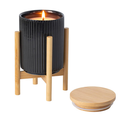 HUICAIMAO Lavender Scented Candle with Wood Stand& Ceramic Jar - 60H Natural Soy Wax, Highly Scented Aromatherapy Candle for Relaxation, Sleep & Home Decor, Elegant Gift for Women