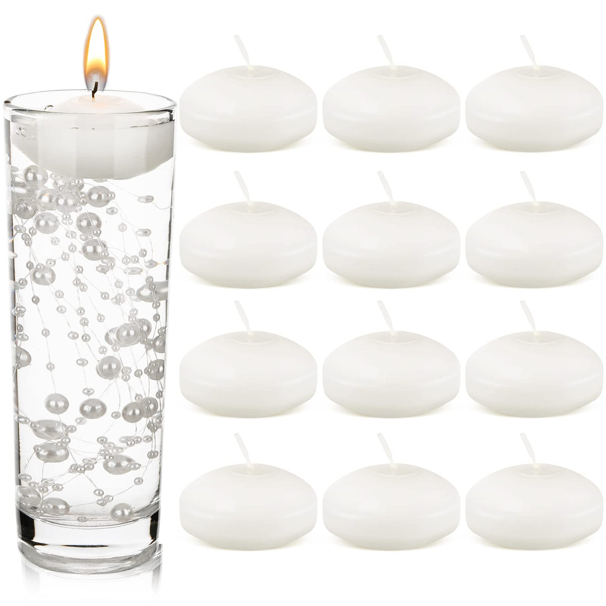 Nuanchu 12 Pieces 1. 65 Inch Floating Candles for Wedding Centerpiece, Small Unscented Floating Round Tealights Metallic Smooth Wax Disc Candles for Graduation Dinner Home Decor(White)