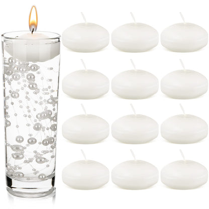 Nuanchu 12 Pieces 1. 65 Inch Floating Candles for Wedding Centerpiece, Small Unscented Floating Round Tealights Metallic Smooth Wax Disc Candles for Graduation Dinner Home Decor(White)