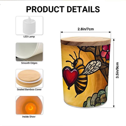 Stained Glass Farmhouse Bees Tea Light Candle Holders, Hearts Tealight Candle Holder Jar with Wooden Lid, Floral Votive Candlesticks for Table Centerpieces, Christmas,Birthday Party