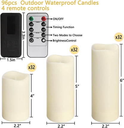 YOROXRG Set of 96 Waterproof Outdoor Flameless Candles, LED Candles with 4 Remote and Timer,(H 4" 5" 6" x D 2.2"),for Halloween Wedding Festival
