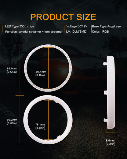 Qasim Angel Eyes Halo Rings 12V RGB LED Lights 90MM White for Car Scooter Motorcycle DRL Turn Signal Light 2-Pack