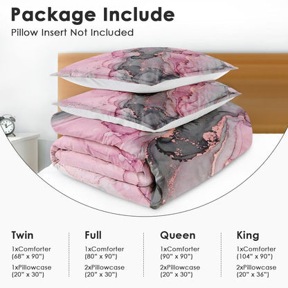 Nesphy Gray Pink Marble Comforter Set Queen Size, Natural Luxury Golden Abstract Soft Bedding Set with 2 Pillowcases for Adults Bedroom Bed Decor