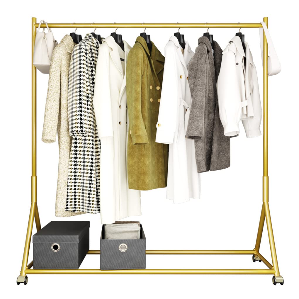 DR.IRON Modern Gold Clothing Racks Rolling Clothes Rack for Hanging Clothes Heavy Duty Metal Garment Rack Perfect for Home or Cloth Store(Gold)