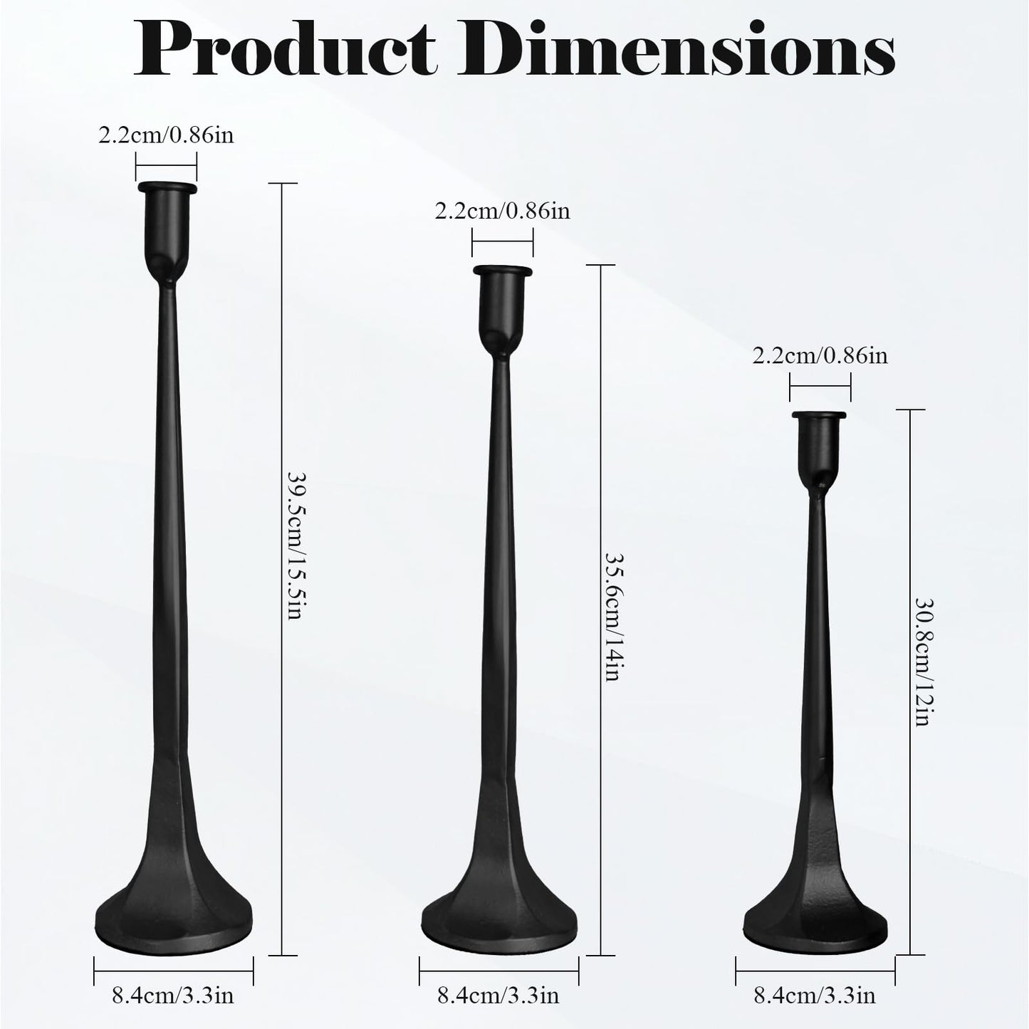Set of 3 Taper Candle Holders, Cast Iron Candlestick Holders Tall for Wedding, Dining Table, Halloween & Fall Decor, Home Decoration (Black, 12" 14" 15.5")