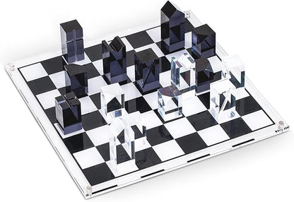 Bey-Berk Dom Acrylic Chess Set 28-Piece Black and Clear Lucite Pieces with 14 x 14 Board Architectural Modern Showpiece