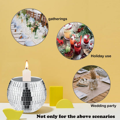 Quaocens 6 PCS Disco Ball Silver Votive Candle Holders,Glass Mirror Candle Holder Disco Ball Candle Holder Discos Balls Candle Vase Can Be Used for Wedding,Dining Table,Party Discos Decoration